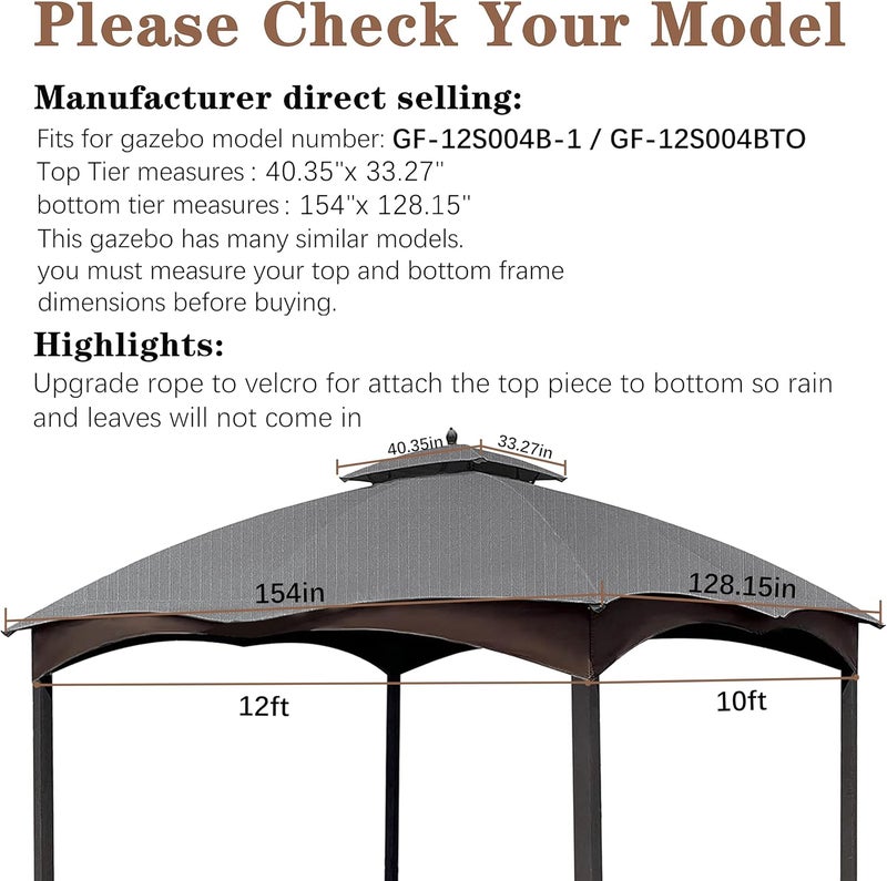 SCOCANOPY Replacement Top for The Lowe's Gazebo Model #GF-12S004B-1 / GF-12S004BTO (Grey Ripstop) - Image 2